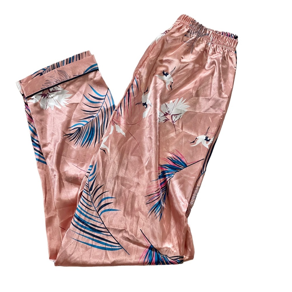 3 Piece Set Pink Silky Crane Graphic Print Pajamas with Travel Bag Shein - Picture 2 of 12
